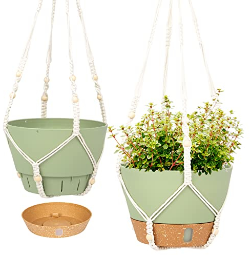 QCQHDU 2 Pack Macrame Plant Hanger Hanging Planters Set,25.4cm Indoor Outdoor Hanging Plant Pot Basket,Hanging Flower Pot with Drainage Hole for Garden Home(Green)…