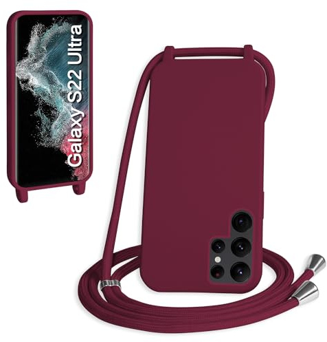 WenBaby Coque avec Cordon pour Samsung Galaxy S22 Ultra,Collier pour Étui bandoulière Colliers de cellulaire Mince Antichoc Réglable Lanyard Silicone Case,Rouge
