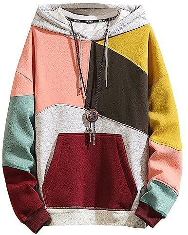 Zifipeoed Felpa Uomo con Cappuccio Colori a Contrasto Hoodies Sweatshirt Streetwear Hip Hop a Maniche Lunghe Rosa Giallo XL