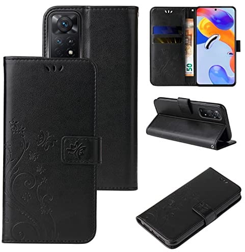 LBH Handy Hülle für Xiaomi Redmi Note 11 Pro Case Handytasche Schmetterling Blumen Flower Standfunktion Schutzhülle Magnet Rundum Schutz 360 Grad Flipcase Cover Schwarz