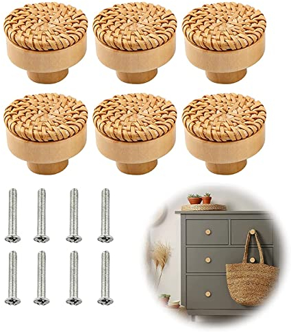 RUNEAY Rattan Möbelknöpfe mit Schrauben 40mm Möbelknöpfe Holz Boho Deko, Schrankknöpfe Kommodenknöpfe Natur Möbelknöpfe für Schrank, Schubladen, Wohnzimmer, Küchenschränke(6 Stück)