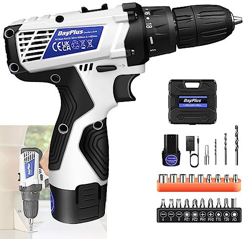 Electric Drill Cordless Drill Driver Set, Electric Screwdriver with Battery and Fast Charger, Handheld Drill with 23PCS Accessory Kit and LED Work Light, Drilling Machine for Cementwall Ceramic Tile