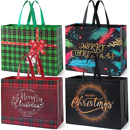 ZUIYIN Extra Large Christmas Gift Bags, With Handles Gift Bags Reusable Shopping Bags have Santa Claus Plaid Merry Christmas ​Pattern of Gift Bag for Christmas Party, Christmas Surprise