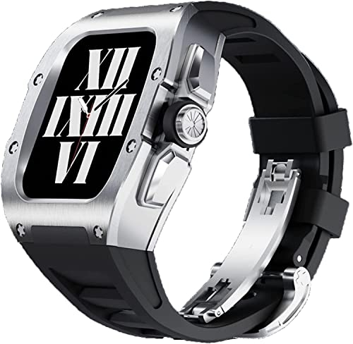 NEYENS Gehäuse aus Titanlegierung, Gummiband mit Verschluss, für Apple Watch 45 mm, 44 mm, Metalllünette, Fluorkautschuk, Armbandschlaufe, für iWatch Serie 8, 7, 6, 5, 4, SE, Uhrenzubehör, 44mm For