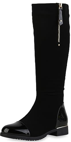 VAN HILL Damen Klassische Stiefel Blockabsatz Lack Trendy Schuhe 840545 213099 Schwarz Lack 41