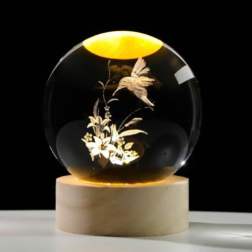 Arikyrist 60 mm Kristall-Kolibri-Figuren, Geschenke mit Holzsockel, 3D-Glaskugel, Briefbeschwerer, lasergraviert, Kolibri-Figuren, Nachtlicht-Dekoration für Zuhause und Büro