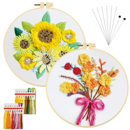 AUAUY Stickset für Anfänger, Blumenmuster Pflanzen Sticken Set Erwachsene Stickerei Set mit 2 Stück Bambus Stickrahmen, Anleitung, Farbfäden und Werkzeuge, Kreuzstich Set für DIY Kunst, Handwerk