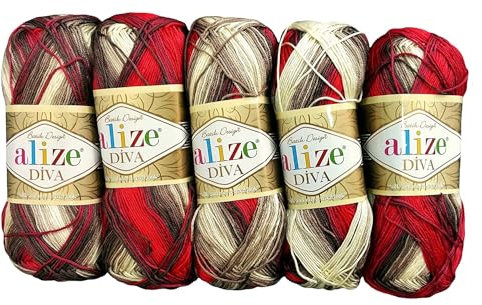5 x 100 Gramm Ilkadim Export Diva Batik Strickgarn mehrfarbig mit Farbverlauf, 500 Gramm merzerisierte Strickwolle Microfiber-Acryl (braun beige rot creme 4574)