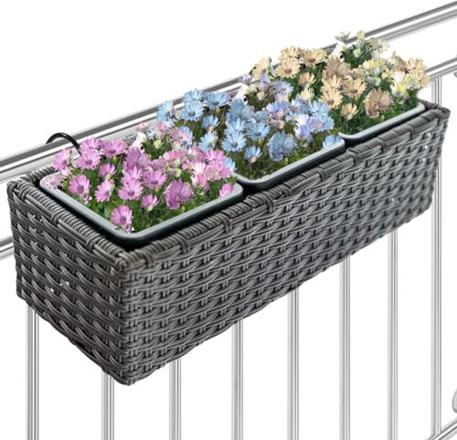 BAKAJI Jardinière Effet rotin avec Crochets et Anneaux pour Balcon, Pot de Fleurs de Balcon et Table pour extérieur et intérieur, Support avec 3 Compartiments résistant aux Rayons UV, 49 x 19 x 15 cm
