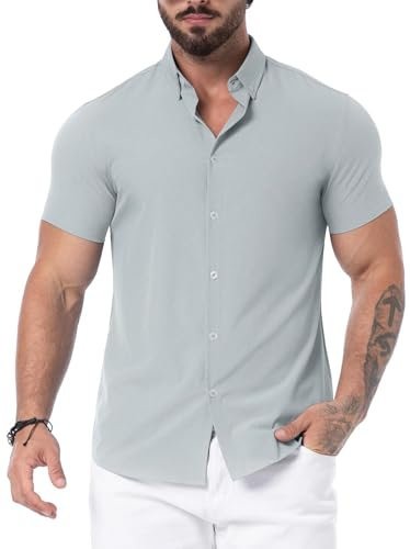 QIXING Men's Muscle Fit Shirts Wrinkle-Free Short Sleeve Casual Shirt Stretch Slim Button Down Shirt(Gray Blue, L)