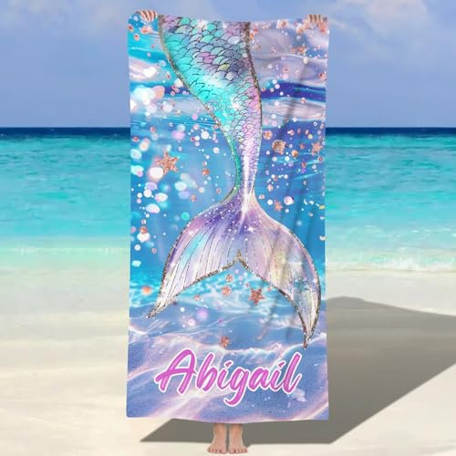 Jodimitty Mikrofaser Strandtuch Personalisiertes Name Wasserabsorbierend Schnelltrocknend Strandhandtuch für Erwachsene Kinder Strand Schwimmbad, 60x120cm/76x152cm/90x180cm (Fischschwanz)