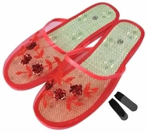 ZAbina Pantoufles chinoises en maille for femmes, pantoufles chinoises en maille respirante avec perles florales for femmes(Color:Red,Size:38 EU)