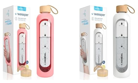 Wessper Bouteille d’eau 1L de Motivation en verre avec temps horaire, Sans BPA & Bouteille d’eau 1L de Motivation en verre avec temps horaire, Sans BPA