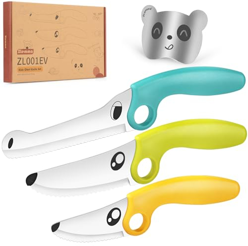 ZLemma 4 Pièces Set Couteau Enfant avec Anneau Éducatif & Panda Protège-Doigts, Coffret de Cuisine pour Enfant avec Anneau de Sécurité-Bleu