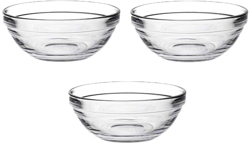 Tradineur - Pack de 3 cuencos redondos de vidrio, modelo Lys, bol para mezclar, servir aperitivos, apilable, apto para microondas y lavavajillas, cocina - 14 x 5,5 cm