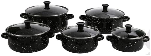 Herzberg HG04128, Juego de 10 Piezas de Ollas y Cazuelas con Tapas de Vidrio, Esmalte Negro, Mangos Cómodos, Tamaños Versátiles (16-24CM), Durabilidad Superior, Fácil de Limpiar