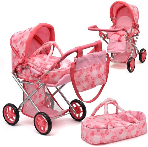Babywagen mit abnehmbarem Reisebett für Kinder und Kleinkinder, mit verstellbarem 63,5 cm Griff, mit Sonnendach und Aufbewahrungskorb, Rosa