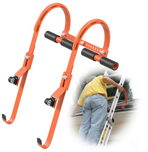 WUDLEP Leiterhaken mit Rad, 2 Stück Leiter Dachhaken Set Leiterzubehör mit Stationären Rädern und Gummigriff T-Bar, Dachziegel Haken Max Belastbarkeit 227 kg (Orange)