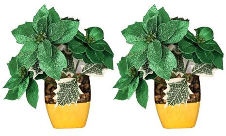 RTYUSWL 2 Flores de Pascua Artificiales en Maceta, Flores de Pascua Artificiales en Maceta, Arreglos de Pascua Falsos para Interiores y Exteriores, Decoración de Navidad, Porche, Hogar,
