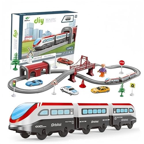 BASAMOU Elektrische Eisenbahn Kinder 3 4 5 6 7 8 Jahre, Rennstrecke Schienen Auto Spielzeug, Flexible Track Spiele mit 67 Teilen, Elektroauto Cars Spielzeug Junge Mädchen Geschenk