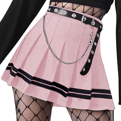 DINGJIUYAN Punk Cross Print Dark Mini Skirts Chain Belt Black Uniform Pleated Skirt