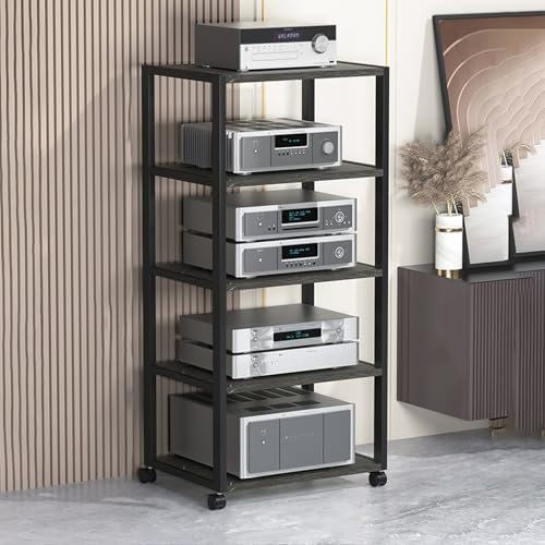 Audio Rack Tower Player Stand, Dark Black Stereo Cabinet Video Media Stand, Movable CD DVD Record Player Stand, For Living Gaming Recording Room