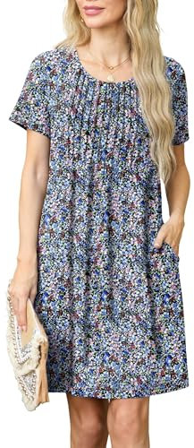 GRECERELLE Womens Summer Mini Dress Casual Short Sleeve Crew Neck Pleated Dresses with Pocket for Ladies (Black Anemone Flower, M)