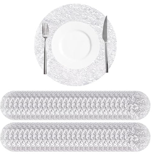 URROMA Essensmatte, 50 Stück, silberfarbene Einweg-Essmatte, Silberfolie, Gitter, Tischunterlage, Metall, rundes Kissen, silberfarbene Platzsets, Party-Dekoration