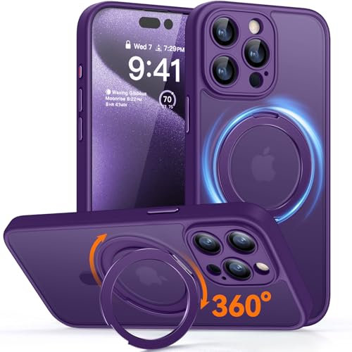 CANSHN Cover per iPhone 15 Pro(6.1),[Camera Control] Supporto Magnetico Anello a 360°, [Protezione Completa Della Fotocamera], Custodia Traslucida Opaca Protettiva Sottile Antiurto,Viola Profondo