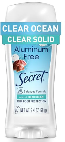 Secret Aluminum Free Deodorant for Women, 48hr Odor Protection, Free of Parabens Dyes Talc & Baking Soda, PH Balancing Minerals, Clear Solid, Clear Ocean Scent, 2.4 oz