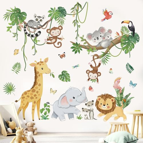 wondever Wandtattoo Dschungel Tiere Baum Zweig Wandaufkleber Safari Elefant Giraffe Löwe Tropische Blätter Wandsticker Wanddeko für Kinderzimmer Babyzimmer Schlafzimmer