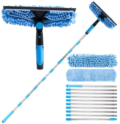 4.5M Window Squeegee Cleaning Equipment, 2 in 1 Telescopic Window Cleaner | Professional Window Cleaning Equipment with Extendable Pole & 29cm Window Squeegee Microfiber Pad for Indoor Outdoor (Blue)