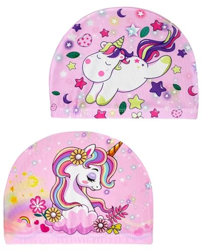 WUNZILO 2 pcs Rosa Cuffia Piscina Bambino, Cuffia Piscina Bambina, Cuffia Piscina Neonato, Cuffie Piscina Donna, Motivo Unicorno, Cuffia Piscina Bambina da 1 a 7 Anni