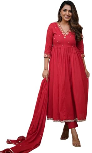 The Red Lion Enterprise Women's Designer Straight Kurti pant dupatta 3pc dress partywear Salwar Suit, Pink, S