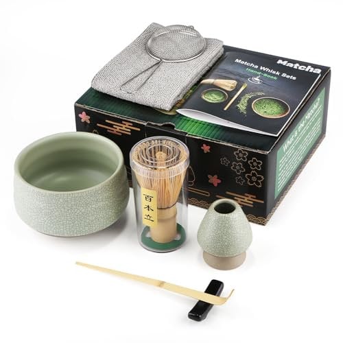 7 Piece Matcha Set, Macha Tea Set with Matcha Spoon, Whisk Holder, Bamboo Matcha Whisk, Shovel, Strainer, Matcha Accessories Traditional Japanese Tea Ceremony Best Gift for Lovers, Mesh Green
