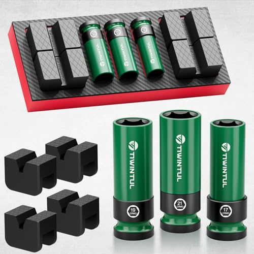 TIWINTUL 7Pcs Wheel Protector Impact Socket Set with Jack Stand Pads, 1/2 Impact Lug Nut Socket Set, Metric 17 19 21 mm, CR-MO Steel, 6-Point Thin Wall Socket Set, Universal Rubber Jack Pad Adapter