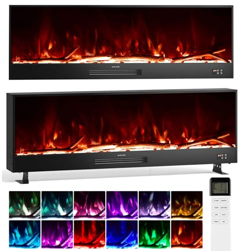 INMOZATA 147CM Electric Fire Free Standing/Wall Mounted/Recessed Electric Fireplace with Large LED Flame Effect Display, 12 Flame Colors, Dimmer, Adjustable Temperature, 750W&1500W, Crystal & Log Set