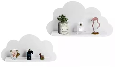PREMZO Set of 2 Cloud Floating Wall Shelf, Decorative Bedroom Nursery Play Room Wall Novelty Display Themed Storage Unit Organiser Floating Shelving (White)