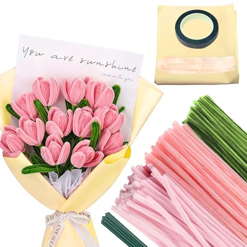 300 Piezas Limpiapipas Manualidades, Palitos Decorativos de Chenilla, Limpiapipas Verdes para Tulipanes, Polvo de Colores para Floristas, Kit de Limpiapipas para Ramos DIY (Rosa)