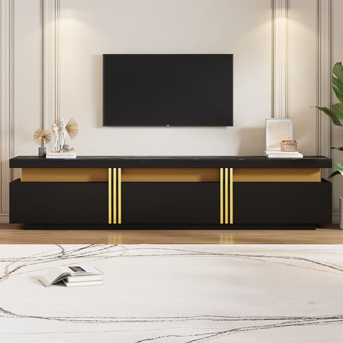 FammyLoft 200cm TV Schrank mit 3 Schubladen, Marmor Optik Fernsehschrank TV Lowboard, Moderner TV Kommode Sideboard für das Wohnzimmer Fernseher bis 90 Zoll, Schwarz