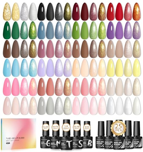 PEACECOLOR Gel Nail Polish, 30 Colours Gel Polish Set with Base & Top Coat | White Pink Green U V/LED Gel Polish with Base Coat and Glitter Matte & Glossy Top Coat Nail Art Set DIY Home Gifts for Women