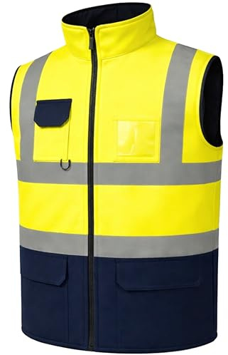 GM WORKWEAR Hi-Vis Reversible Waterproof Fleece Bodywarmer Gilet Waistcoat – High Visibility Safety Vest – Orange/Navy, Yellow/Navy, Orange/Yellow – S to 4XL