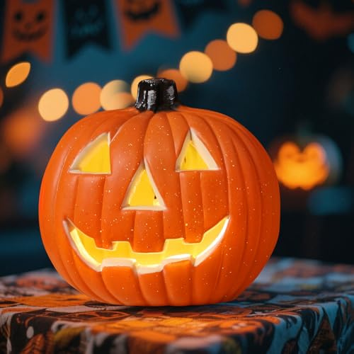Halloween Deko Kürbis Laterne, 20cm Groß Plastik Kürbis Windlicht LED Pumpkin Halloween Deko Outdoor Pumpkin Windlicht Beleuchtete Kürbislaterne LED Kürbis Deko Outdoor Für Innen Herbstdeko (E)