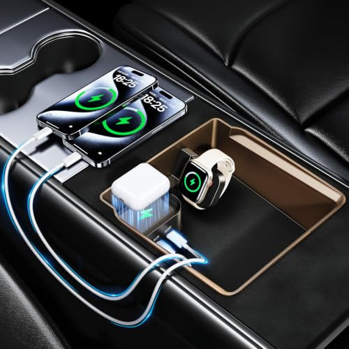 DICMKY USB Hub Phone Charger for Tesla Model Y/Model 3 Accessories 2026 | Mittelkonsolen-Organizer für Modell Y Juniper 2026/Model 3 Highland Premium 2026–2024, für AirPods/iWatch kabelloses Laden