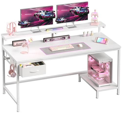 Computer Desk, 120x48x75cm Corner Desk with Drawer & Adjustable Monitor Stand, Office Desk with Hook & Reversible Shelve, Computer Tables for Home, Office, Bedroom,Study, Easy Assembly, White