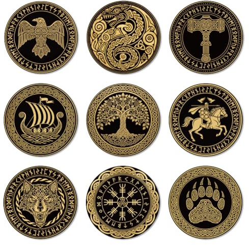 ANATTASOUL 9 Pièces Runique Viking Magique Muster Coaster pour Maison | sous Verres Peinture Coasters Coaster Rond Coasters for Drinks pour Maison, Bar, Bureau