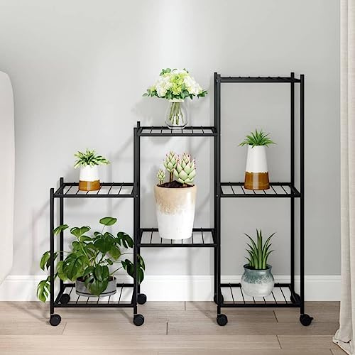 Mokuyary Blumenständer mit Rollen 83x25x83.5 cm Schwarz Eisen Pflanzenständer, Blumenständer Pflanzenregal Innen Außen Blumenregal, Dekoratives Blumentreppe für Terrasse, Balkon, Wohnzimmer -B