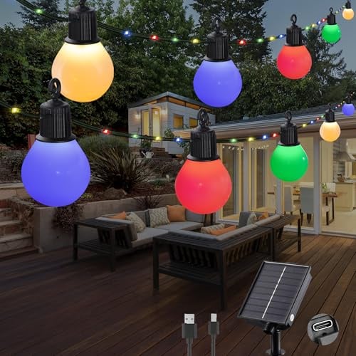 Tacobey Solar Lichterkette Außen Bunt Mit 20 G40 Glühbirnen - 10M 100 LED Solar Lichterkette Aussen Garten, USB Aufladbar, 8 Mode, Wetterfest, für Outdoor Garten Terrasse Balkon Deko