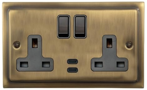 G&H TLAB913B Trimline Plate Light Antique Brass 2 Gang Double 13A Plug Socket Dual 4.2A USB C