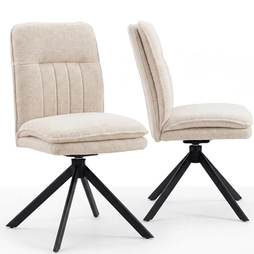 FurniSoar 2er Set 360° Drehbar Esszimmerstühle Beige, Ohne Armlehnen, Doppelte Polsterung & Bogen-Rückenlehne, Chenille mit Drehfunktion & justierbaren Bodenschonern, Moderne Esszimmerstühle